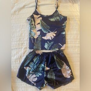 Tropical Leaf Print Tank and Shorts Satin Sleep Set XL